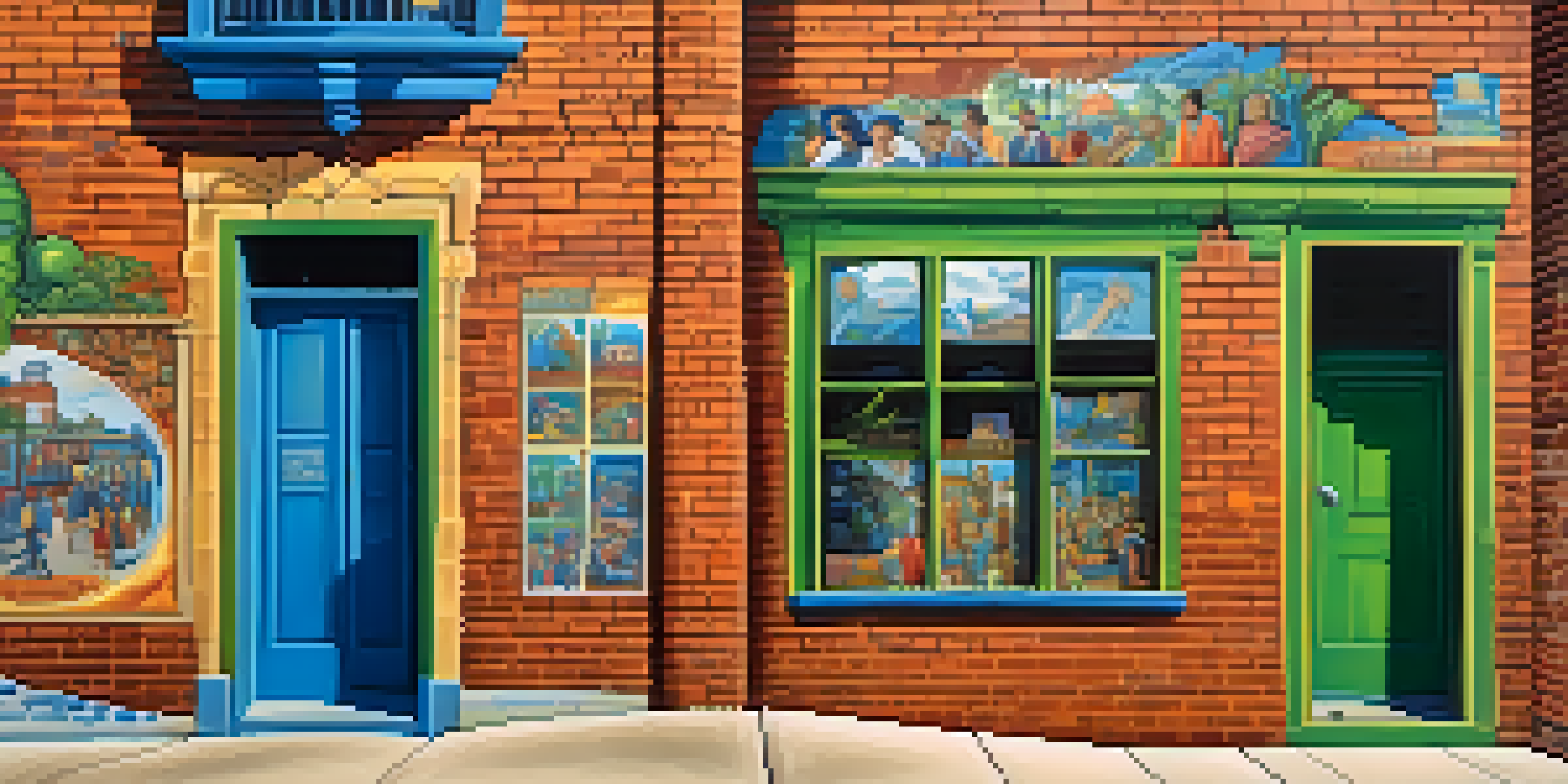 A colorful urban mural illustrating various cultural symbols and stories from the community on a brick wall.