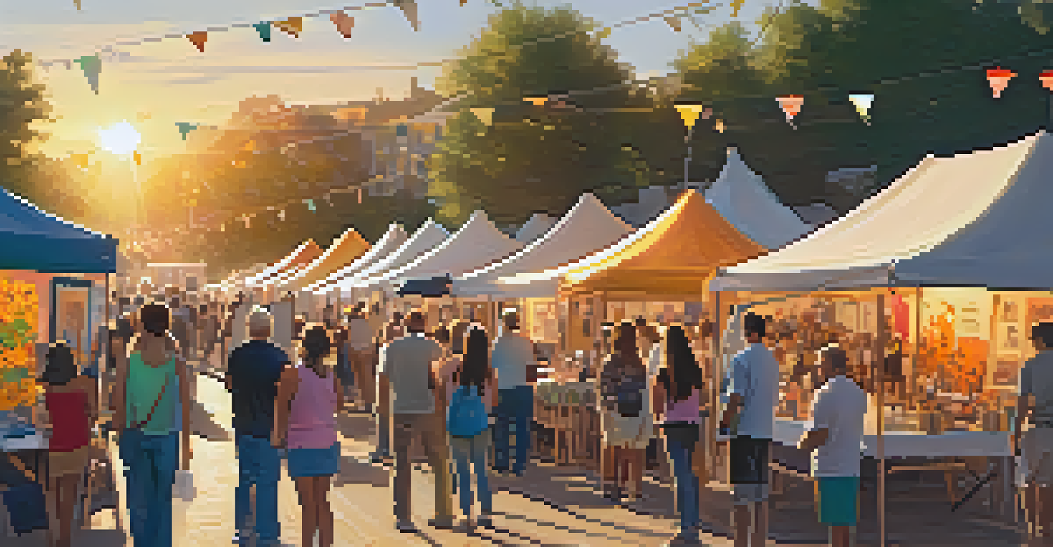A lively outdoor art festival with people engaging in workshops and viewing local artists' stalls, illuminated by a warm sunset.