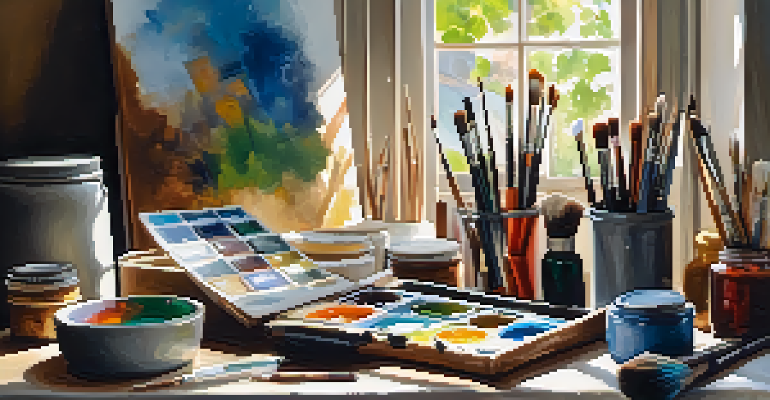 A well-lit artist's workspace filled with various art materials, showcasing an inspiring environment for mixed media creation.