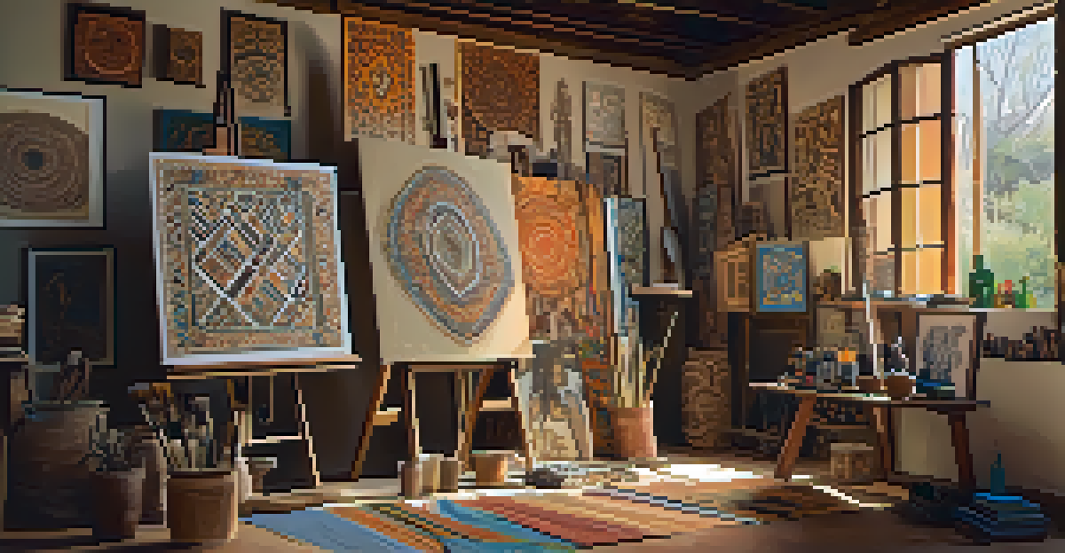An artist's studio with canvases featuring diverse cultural influences, warm lighting illuminating the artwork and tools.