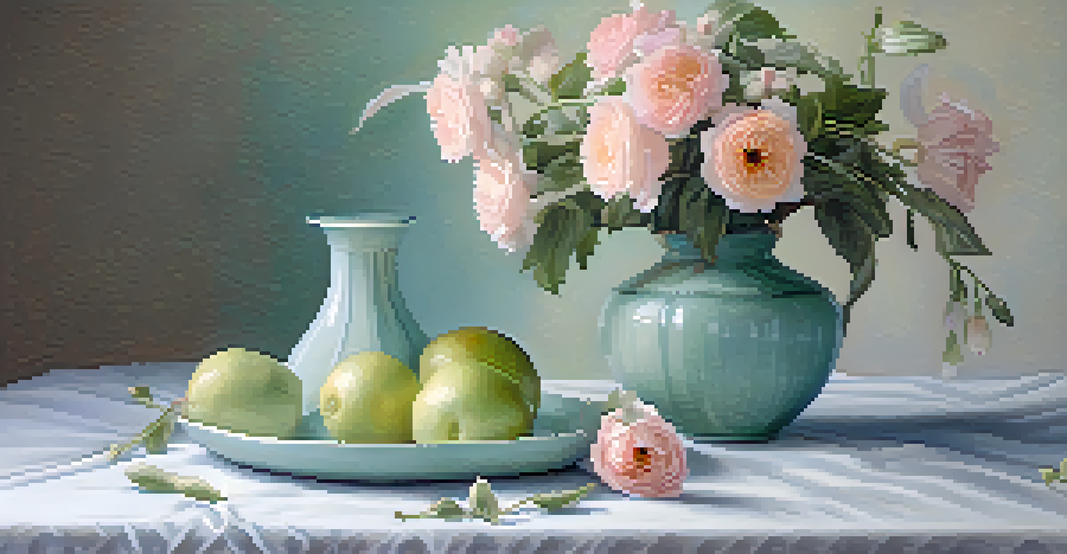 A porcelain vase with a wilted flower and fresh blooms on a light tablecloth, surrounded by soft pastel colors.