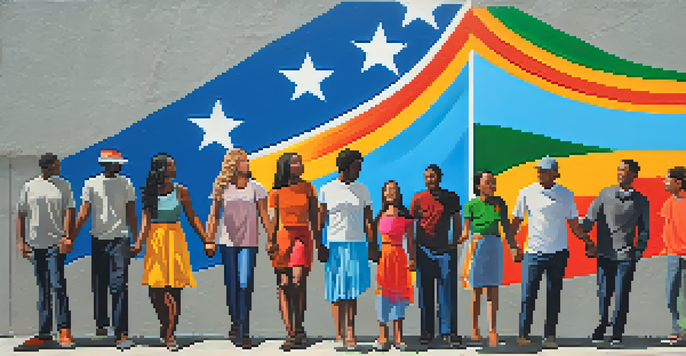 A vibrant street mural depicting unity against war, featuring diverse people holding hands.