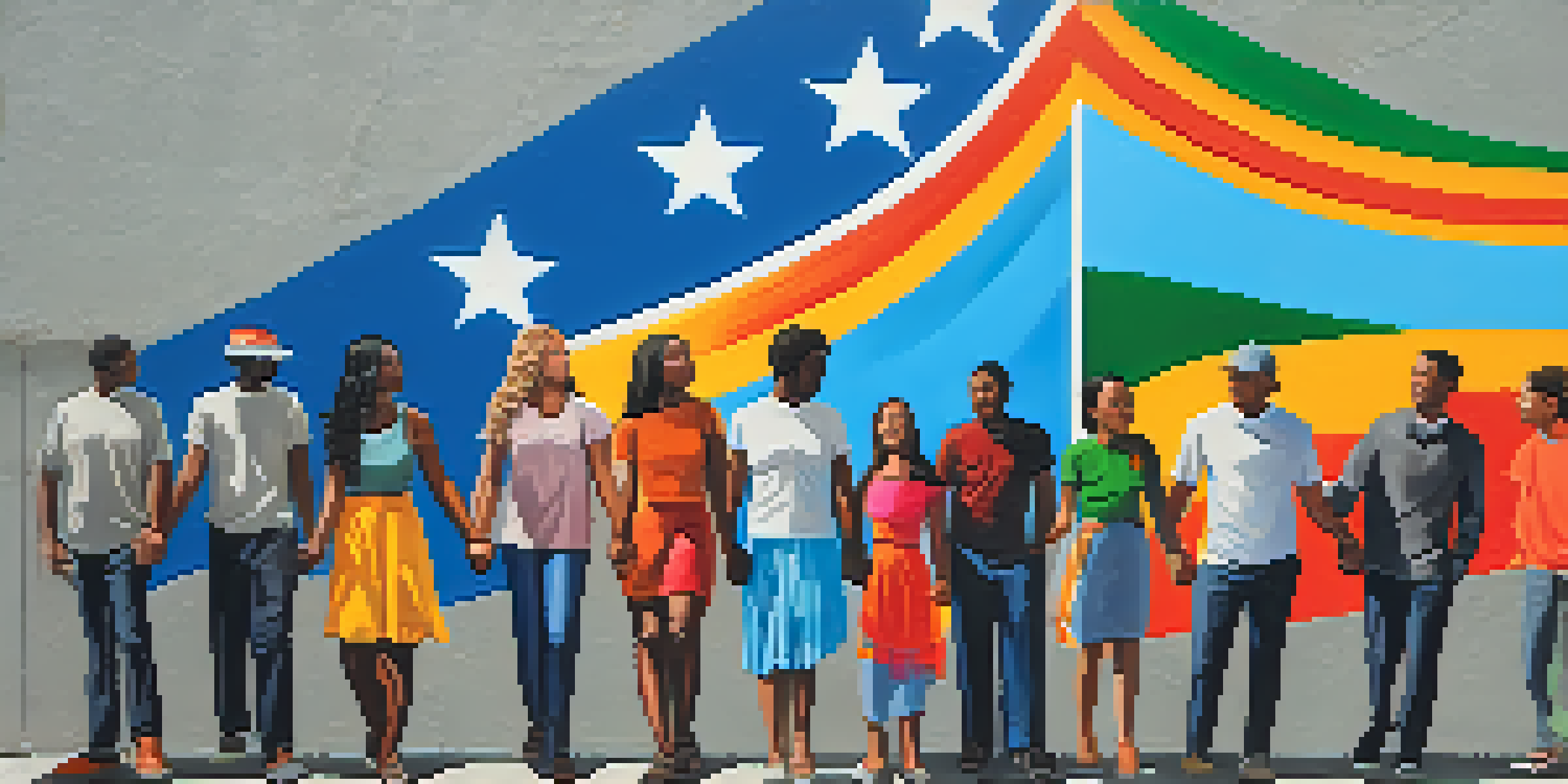 A vibrant street mural depicting unity against war, featuring diverse people holding hands.