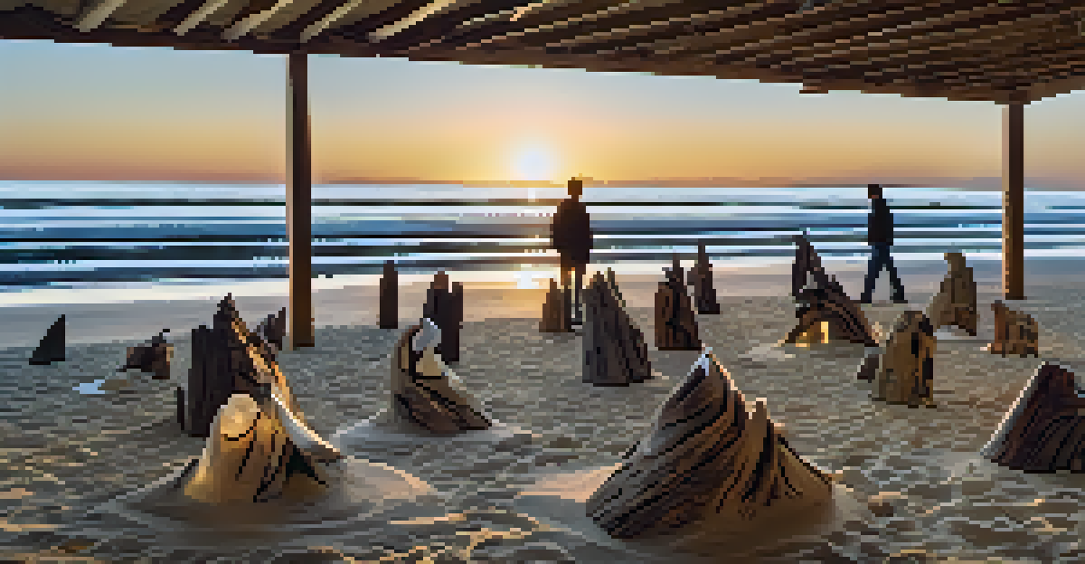An eco-art installation at the beach with driftwood and sea glass sculptures during sunset, with visitors exploring the artwork.