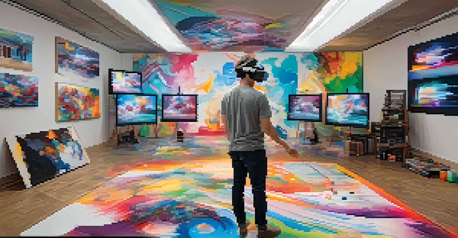 An artist in a contemporary studio, engaged in creating immersive art using virtual reality technology, surrounded by colorful art supplies.