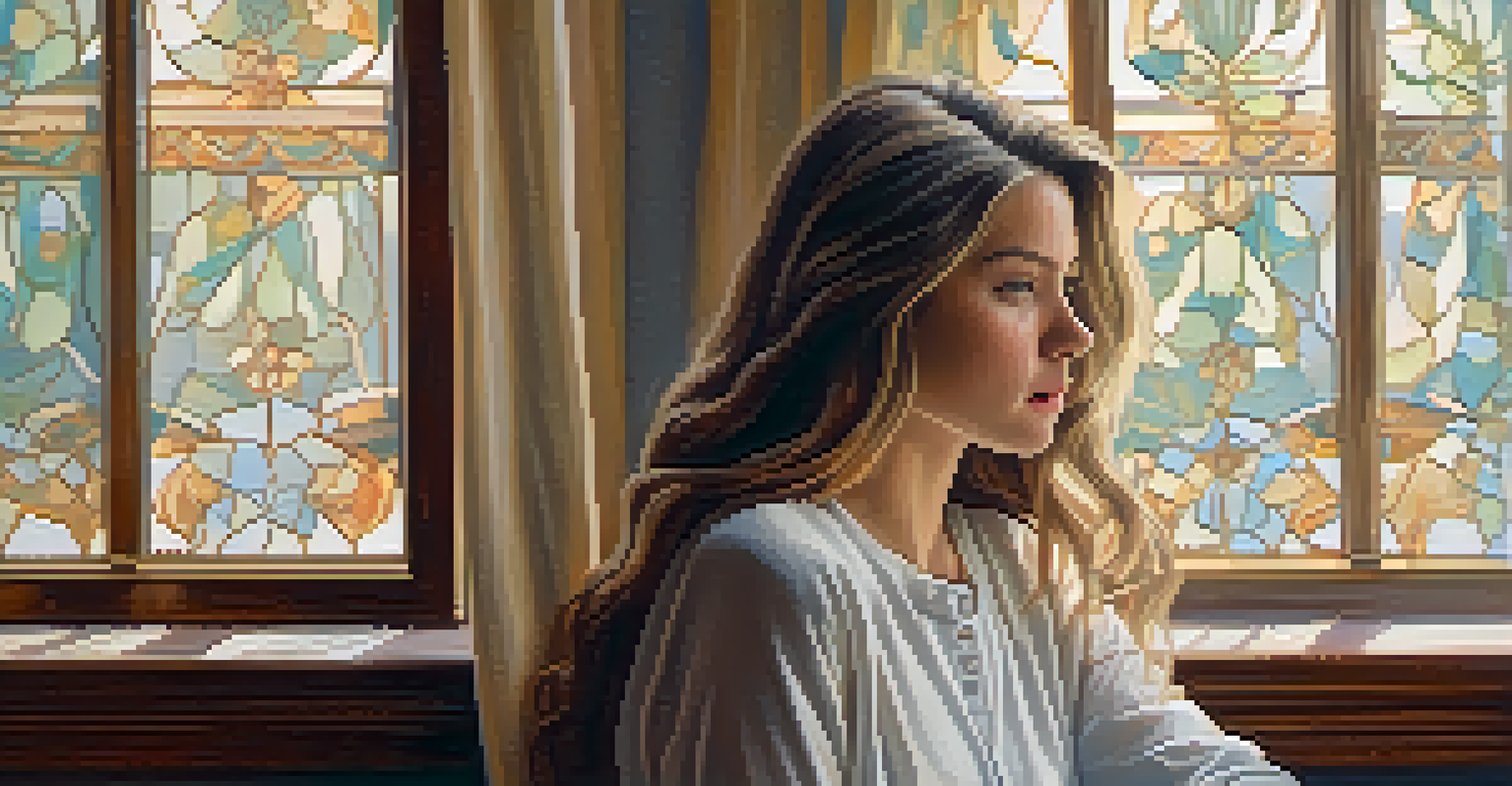A serene portrait of a young woman by a window, with soft morning light illuminating her thoughtful expression.
