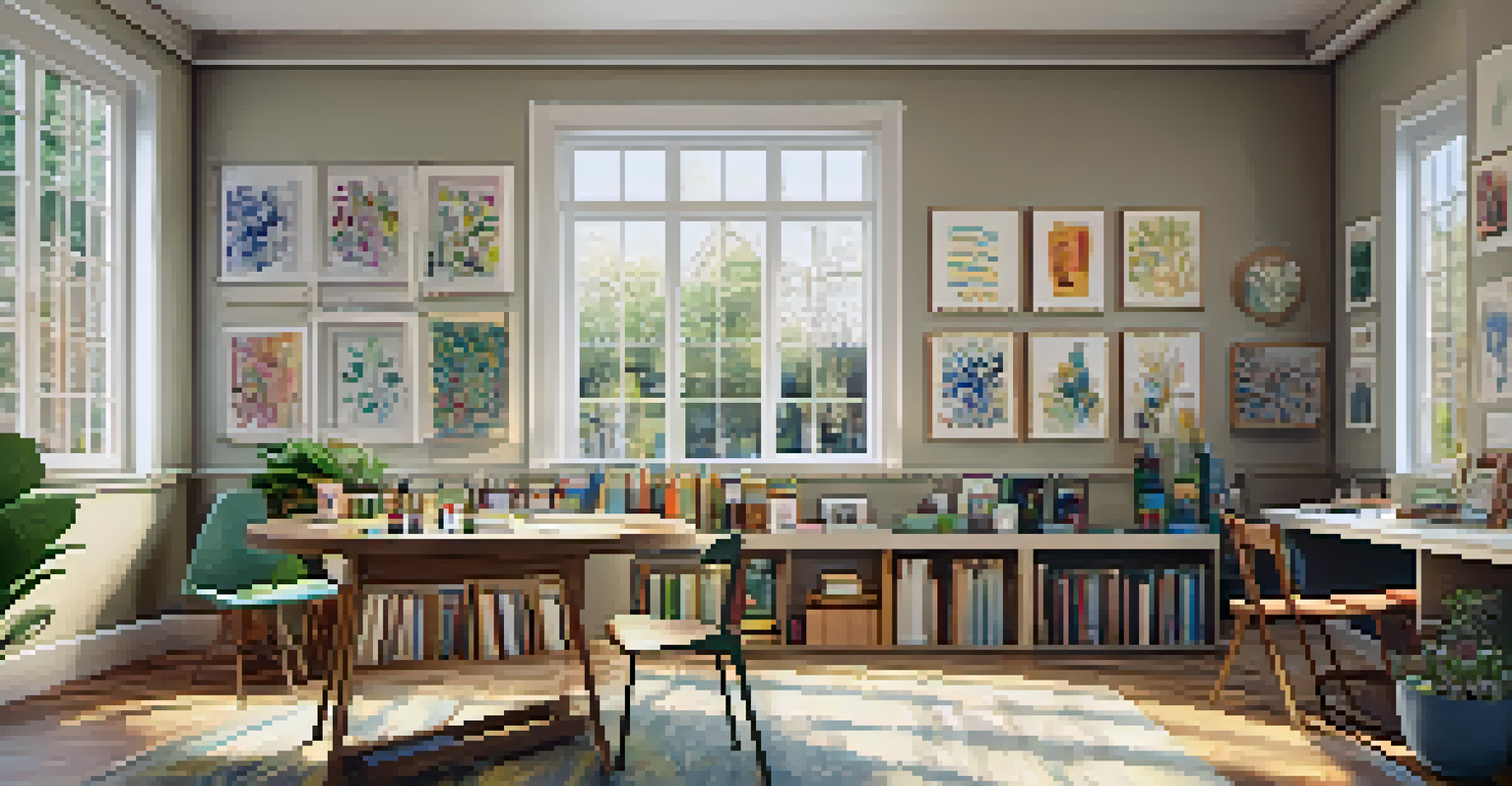 An inviting art therapy space with a round table full of art supplies and inspiring artwork on the walls.