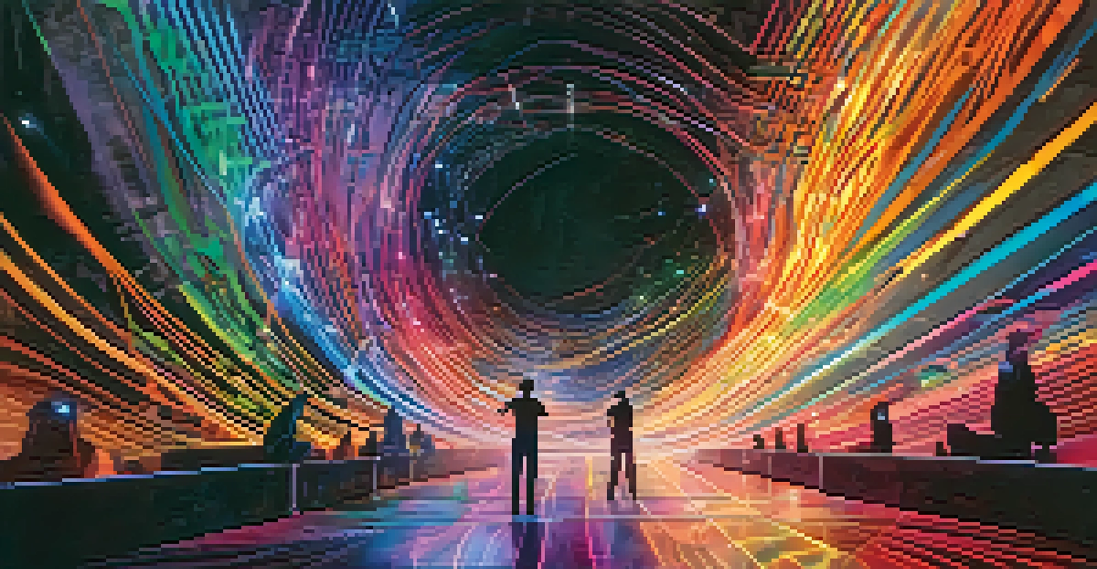 A futuristic virtual reality scene with a musician surrounded by colorful sound waves and visual elements.