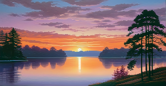 A peaceful sunset landscape with a lake reflecting warm colors and silhouettes of trees.