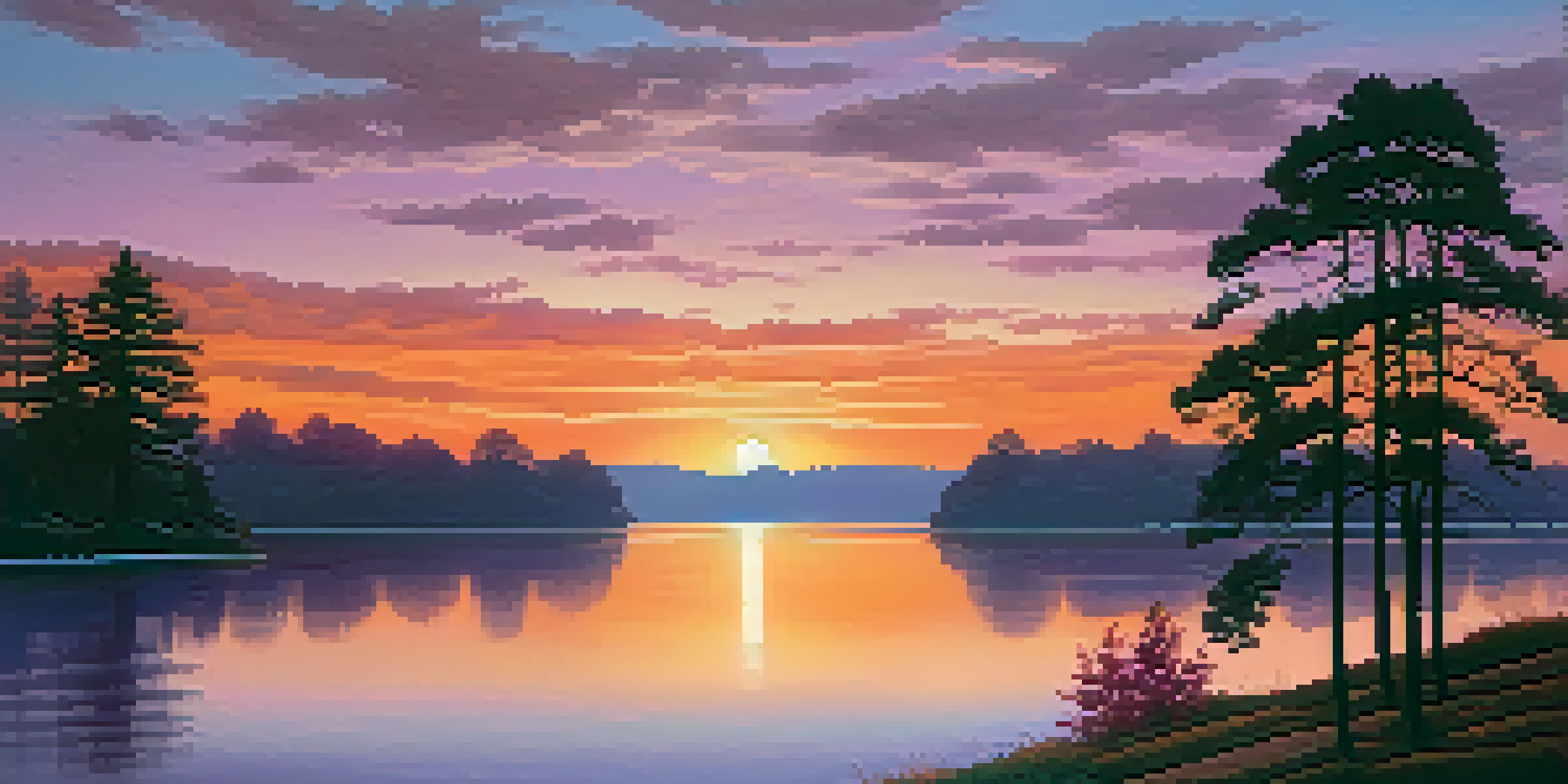 A peaceful sunset landscape with a lake reflecting warm colors and silhouettes of trees.
