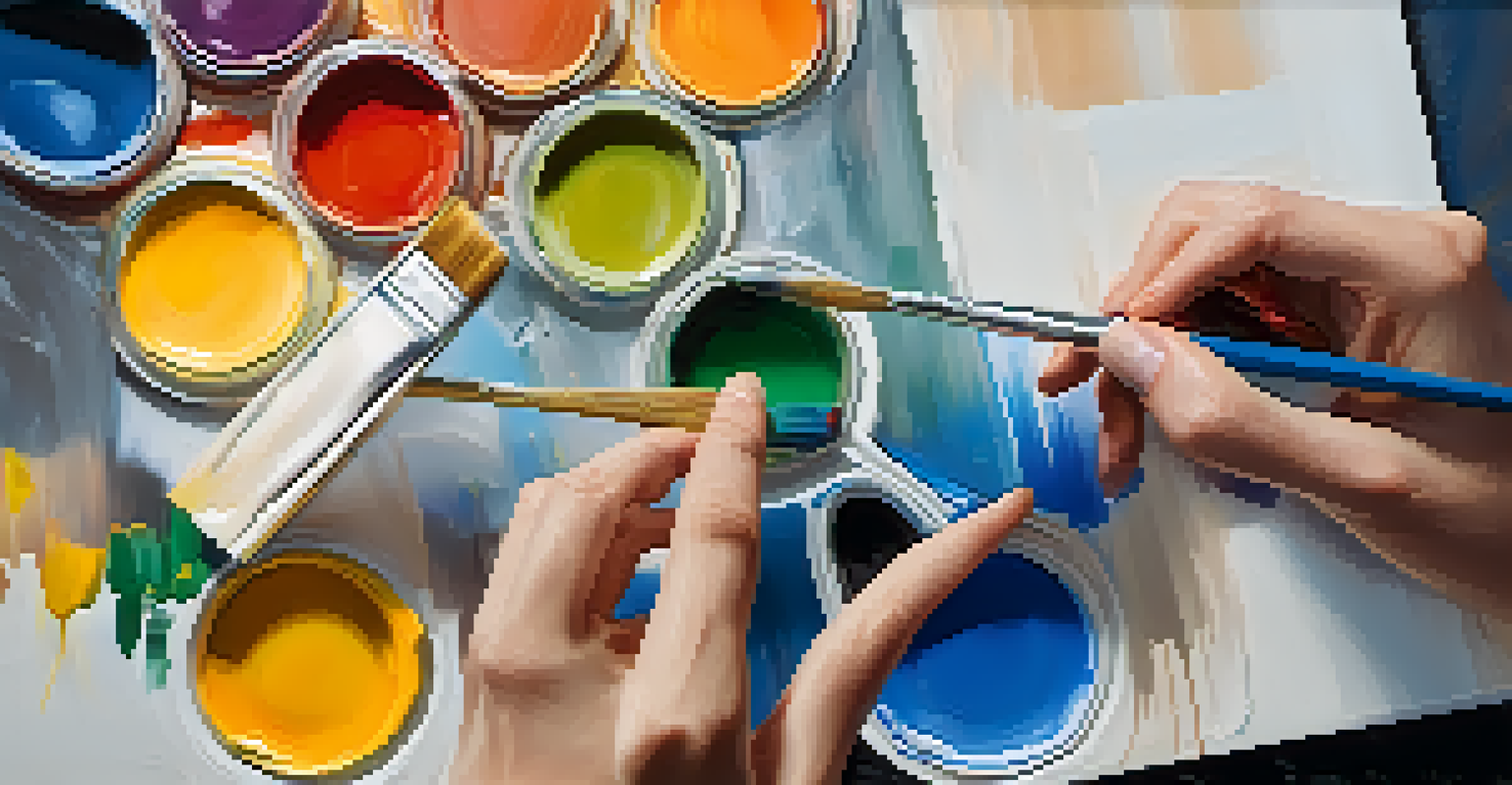 A close-up of two artists' hands collaborating on a colorful painting.
