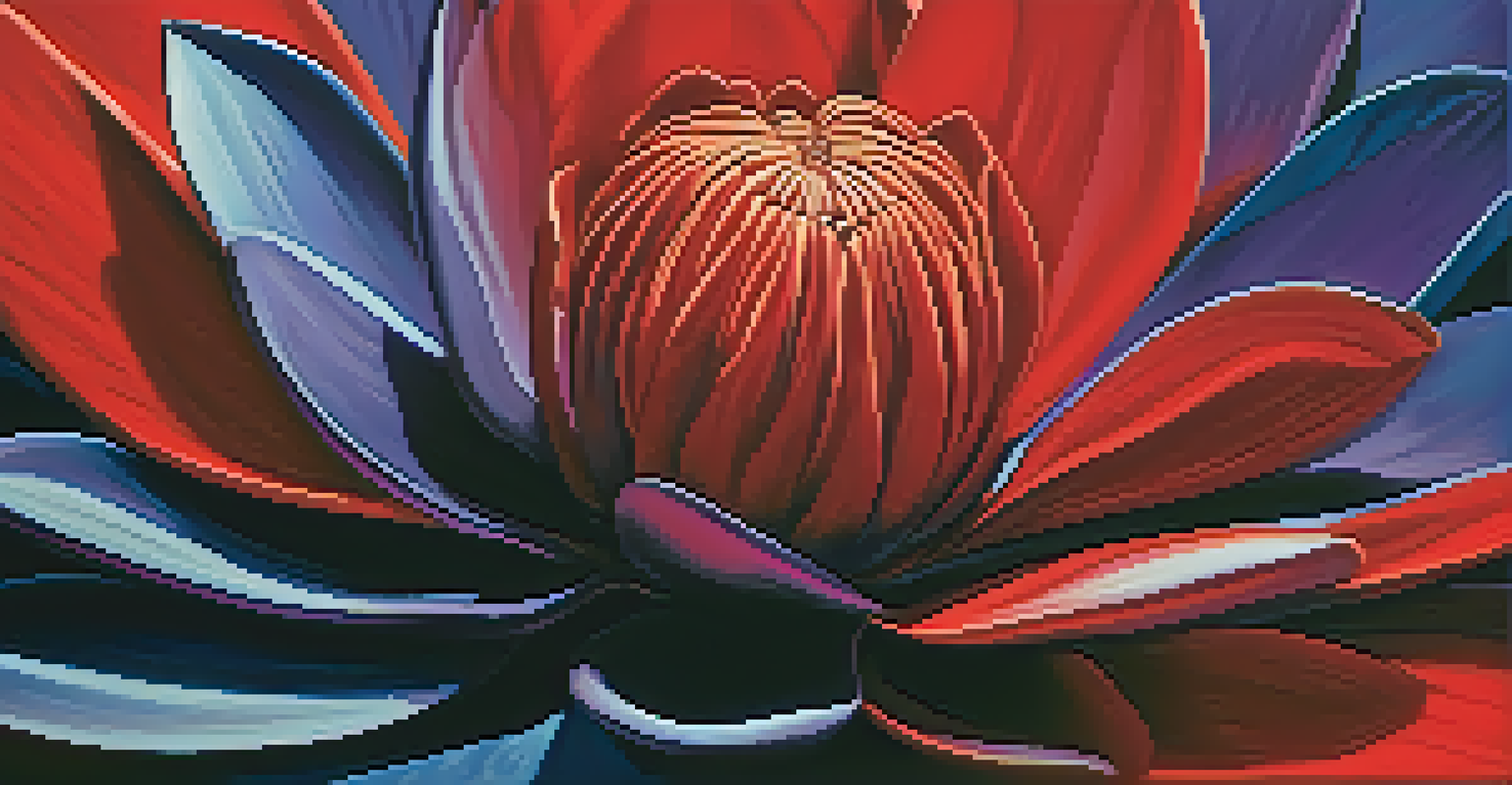 An abstract image of a vibrant red flower against a textured blue and purple background.
