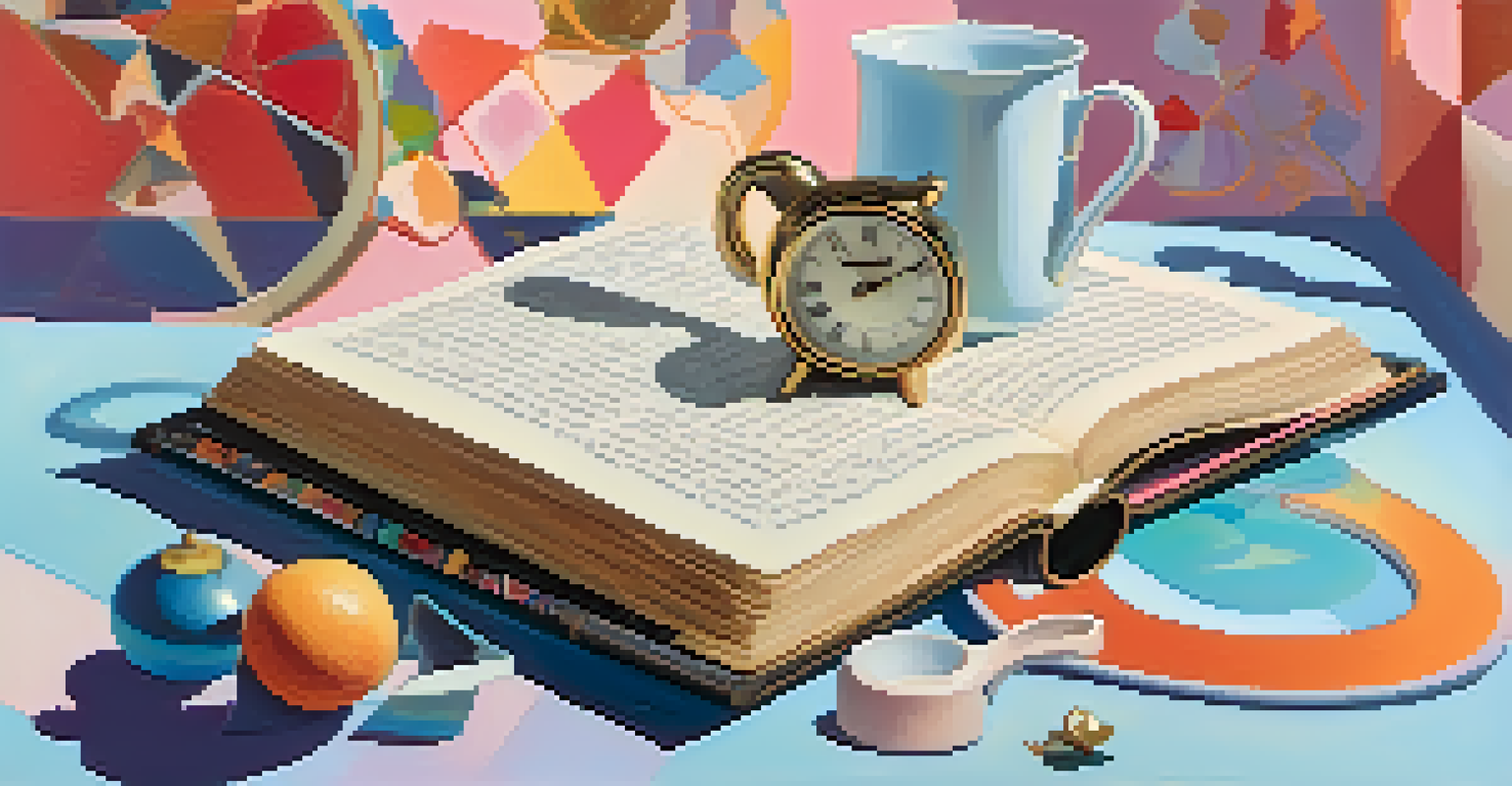 A whimsical still life of everyday objects arranged unusually in a colorful, surreal background.
