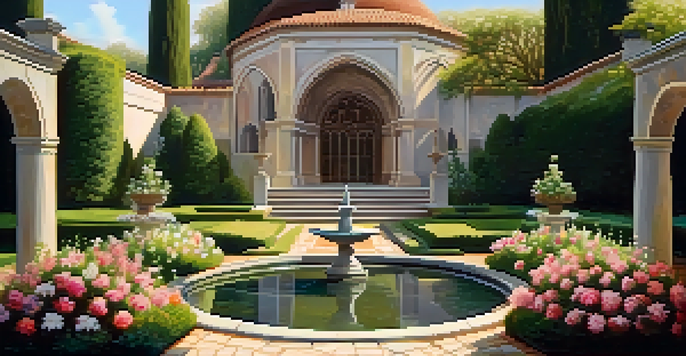 A peaceful garden with blooming flowers, a fountain, and sunlight filtering through leaves, creating a serene atmosphere.