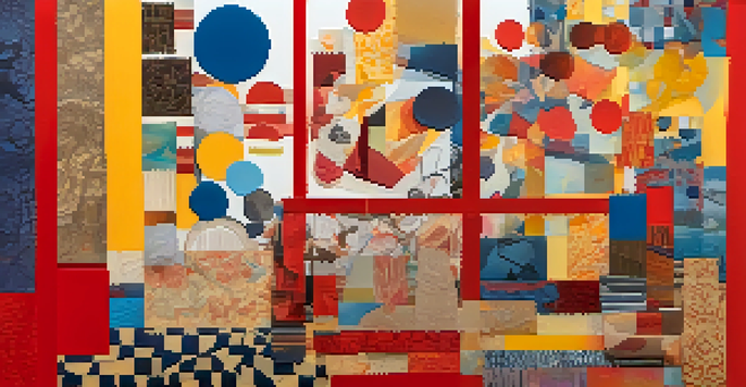 An abstract collage made of various textured materials, showcasing bright colors and layered shapes under soft lighting.