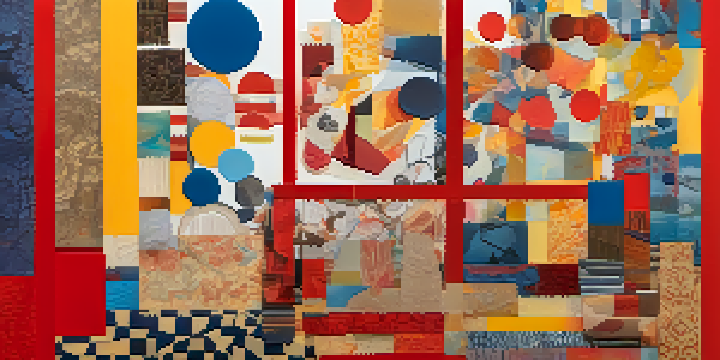 An abstract collage made of various textured materials, showcasing bright colors and layered shapes under soft lighting.