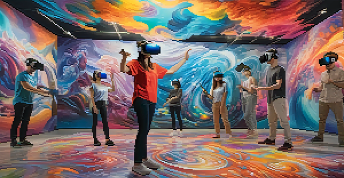 A colorful virtual reality painting studio with artists using VR headsets to create 3D artworks in mid-air.