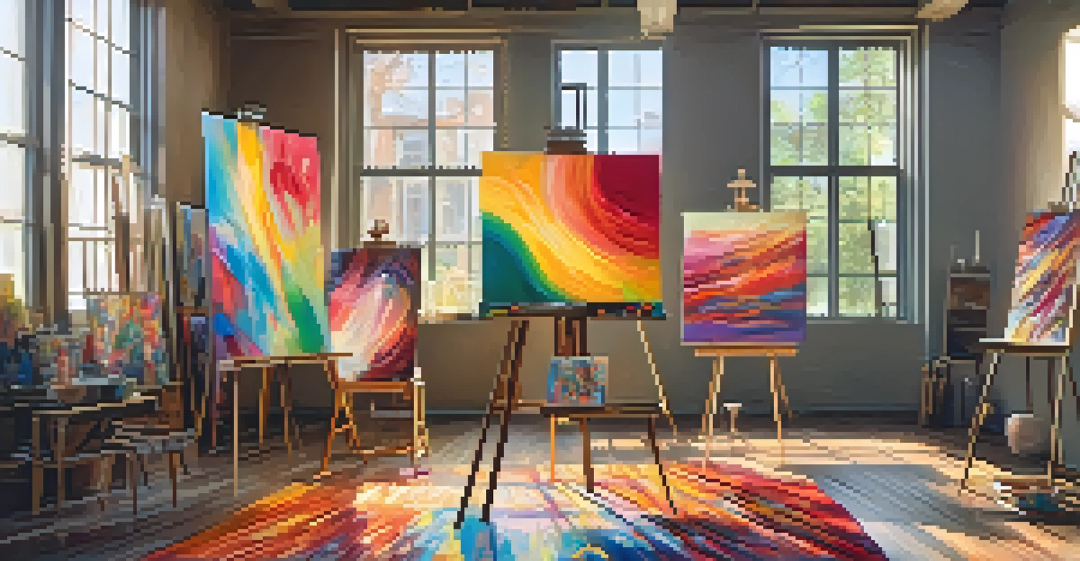 An artist's studio with colorful canvases and a wooden easel, illuminated by sunlight coming through a large window.