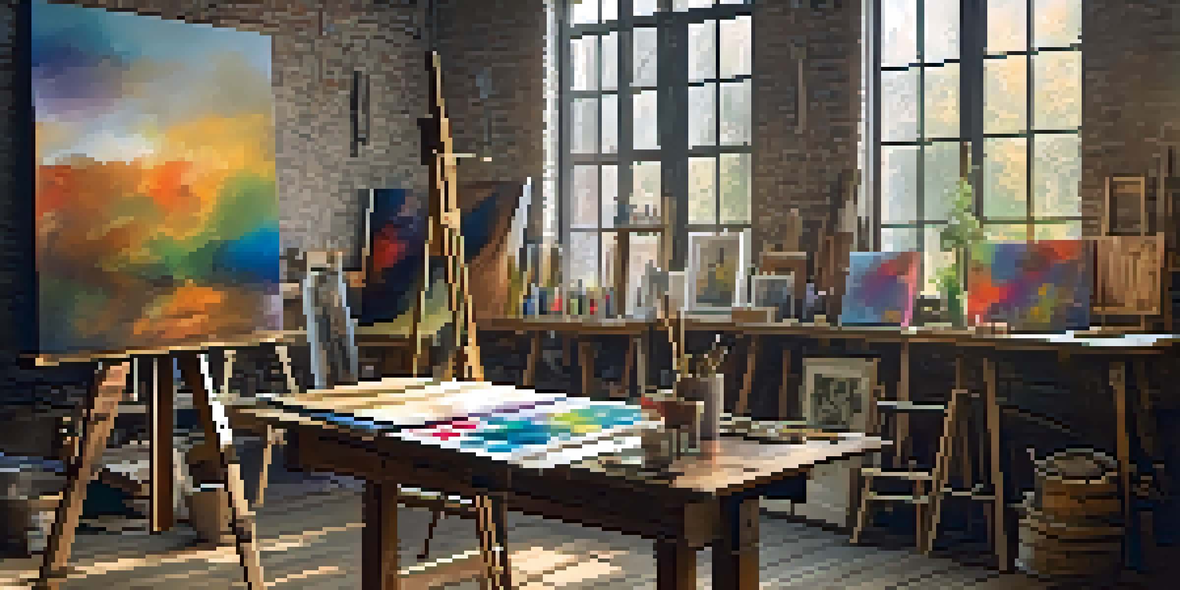 A bright art studio with an easel and colorful abstract painting, surrounded by artworks and art supplies.