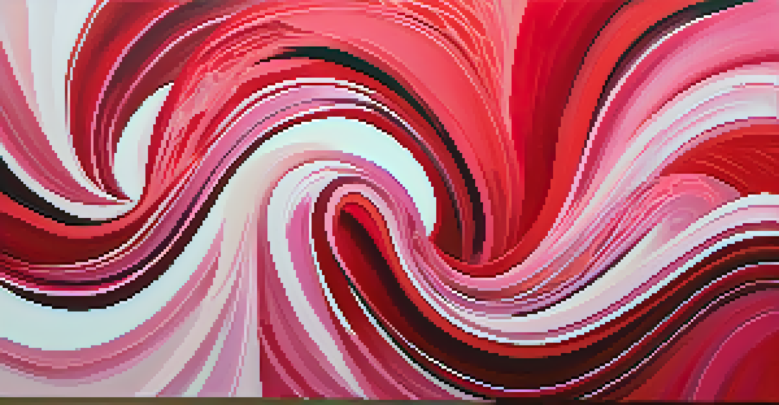 An abstract artwork featuring shades of red and pink, representing love and passion with dynamic patterns.
