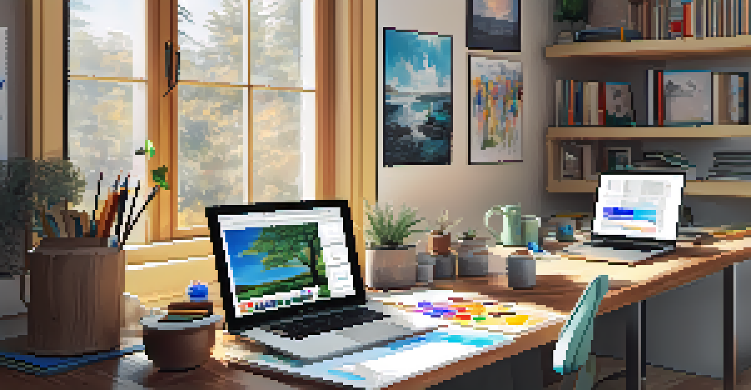 A modern workspace for a digital art competition, featuring a laptop and art supplies.