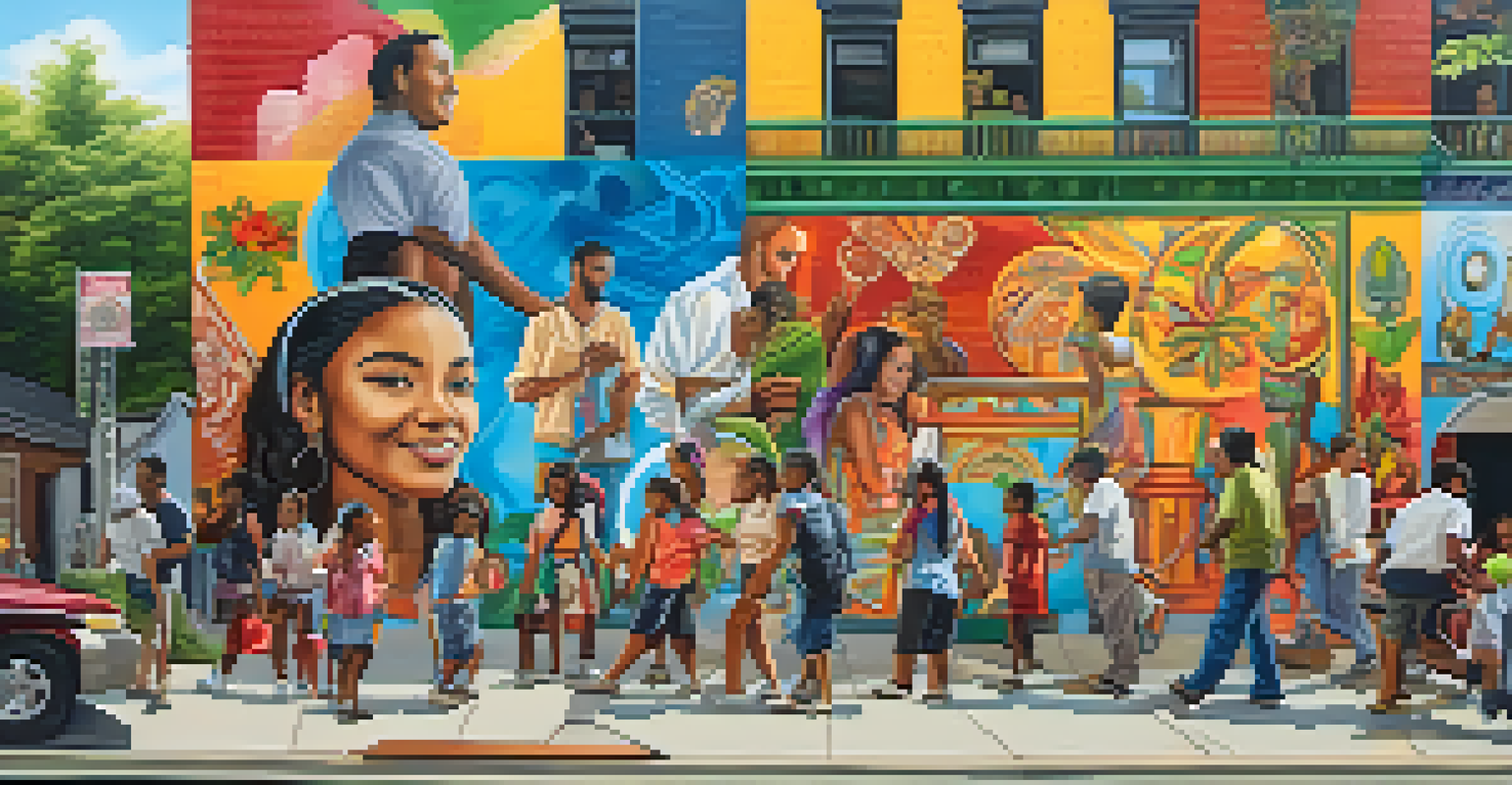 A colorful street mural featuring diverse people and cultural activities.