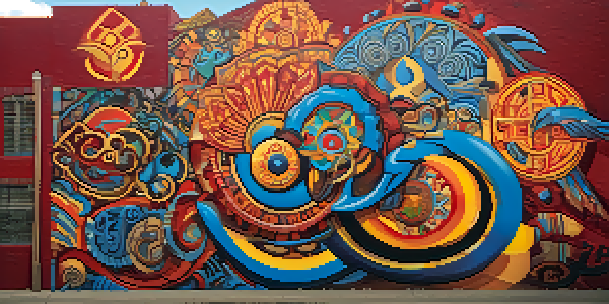 A colorful mural featuring indigenous symbols and modern graffiti art, illuminated by sunlight.