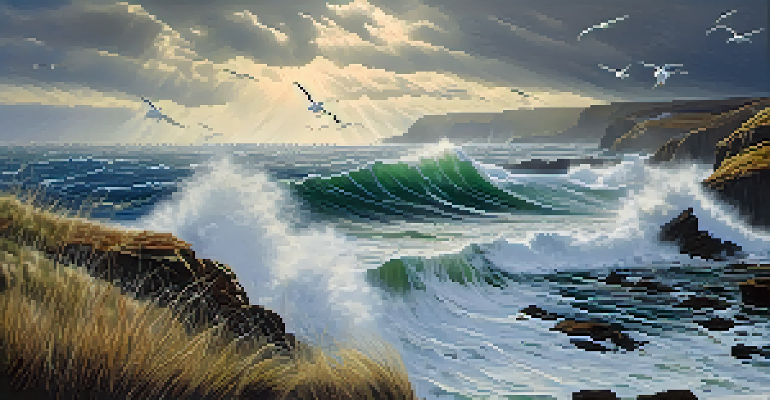 A stormy coastal scene with waves crashing against cliffs, dark clouds overhead, and seagulls flying.