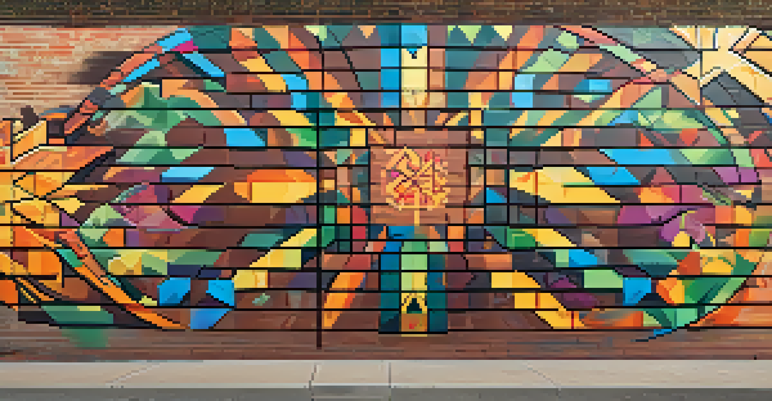 A colorful street art mural blending cultural symbols on a brick wall with sunlight casting shadows.