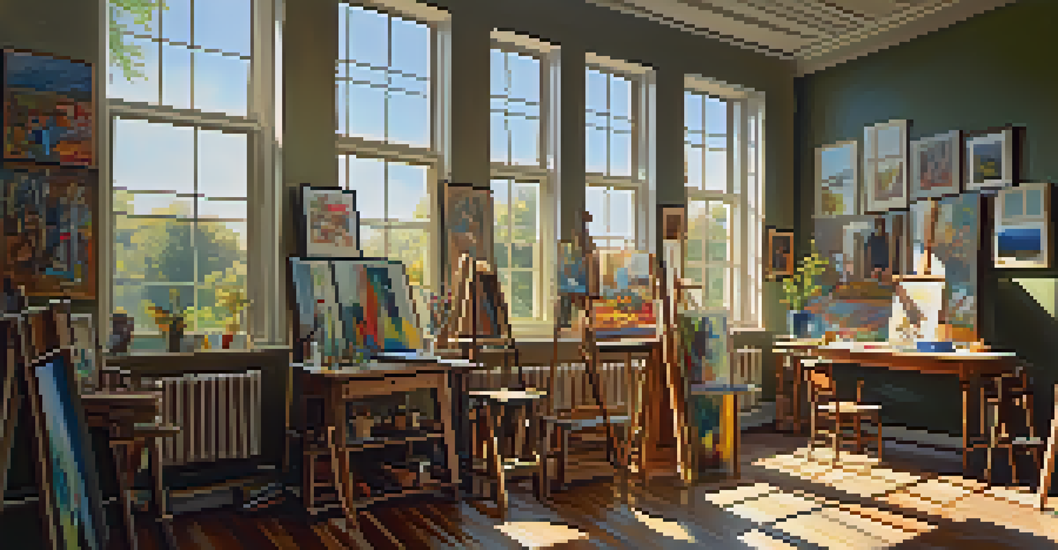 An artist's studio filled with sunlight, highlighting a colorful abstract painting on a canvas, with shadows of art supplies on the wooden floor.
