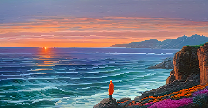 A lone figure on a cliff gazes at a colorful sunset over a turbulent sea, surrounded by wildflowers.