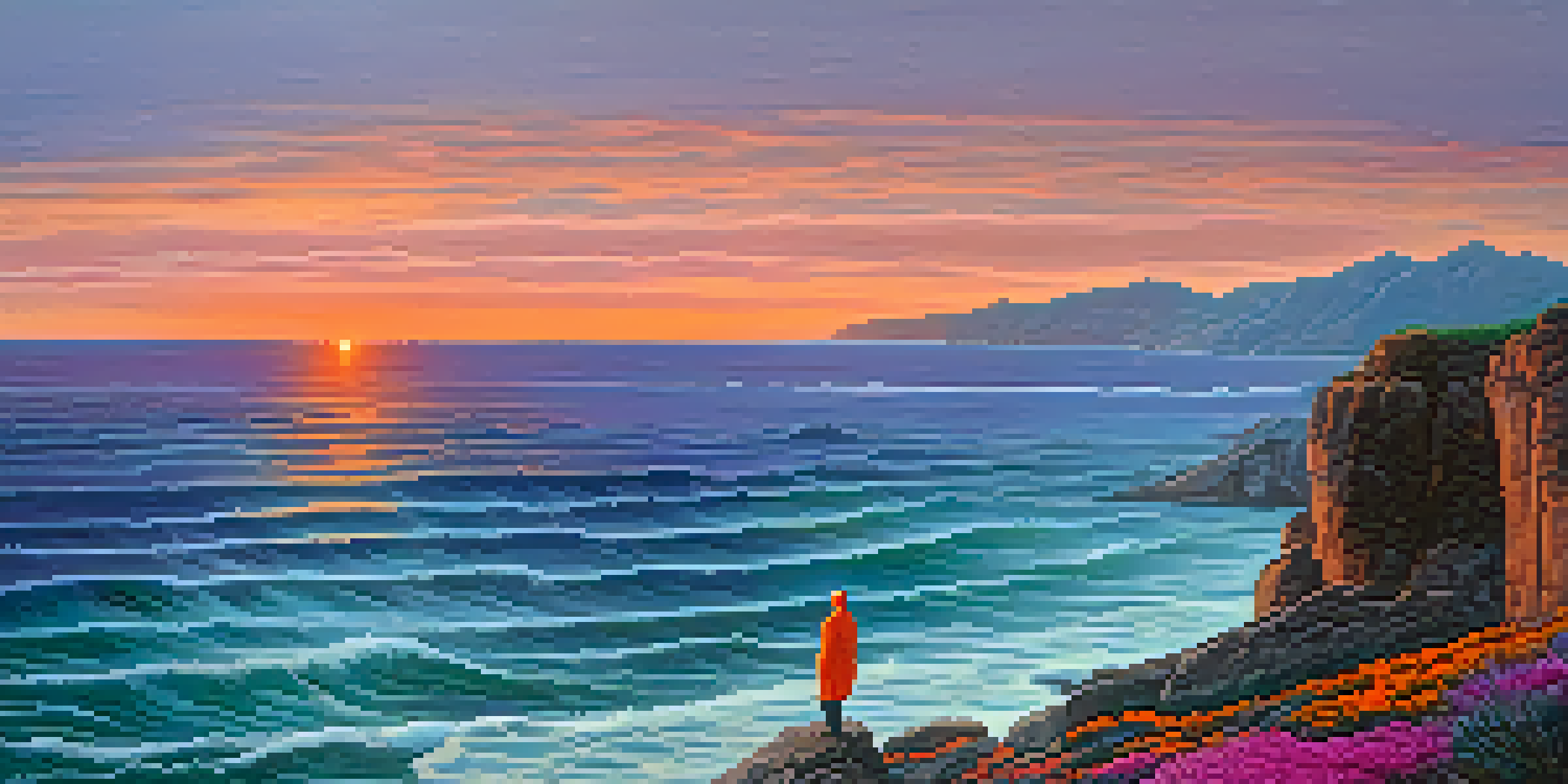 A lone figure on a cliff gazes at a colorful sunset over a turbulent sea, surrounded by wildflowers.