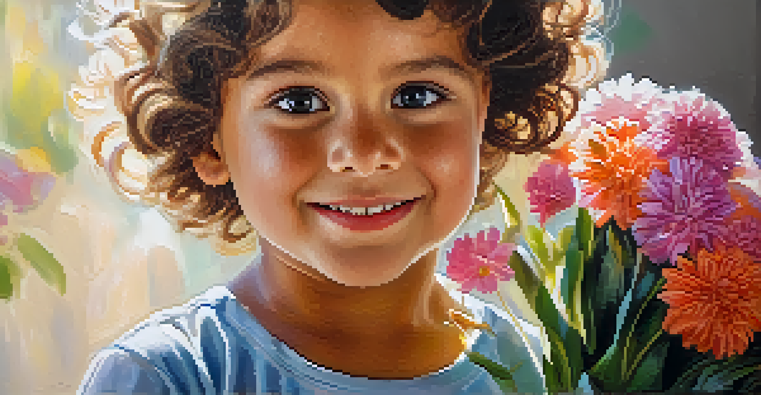 A close-up portrait of a joyful child holding a colorful bouquet of flowers.