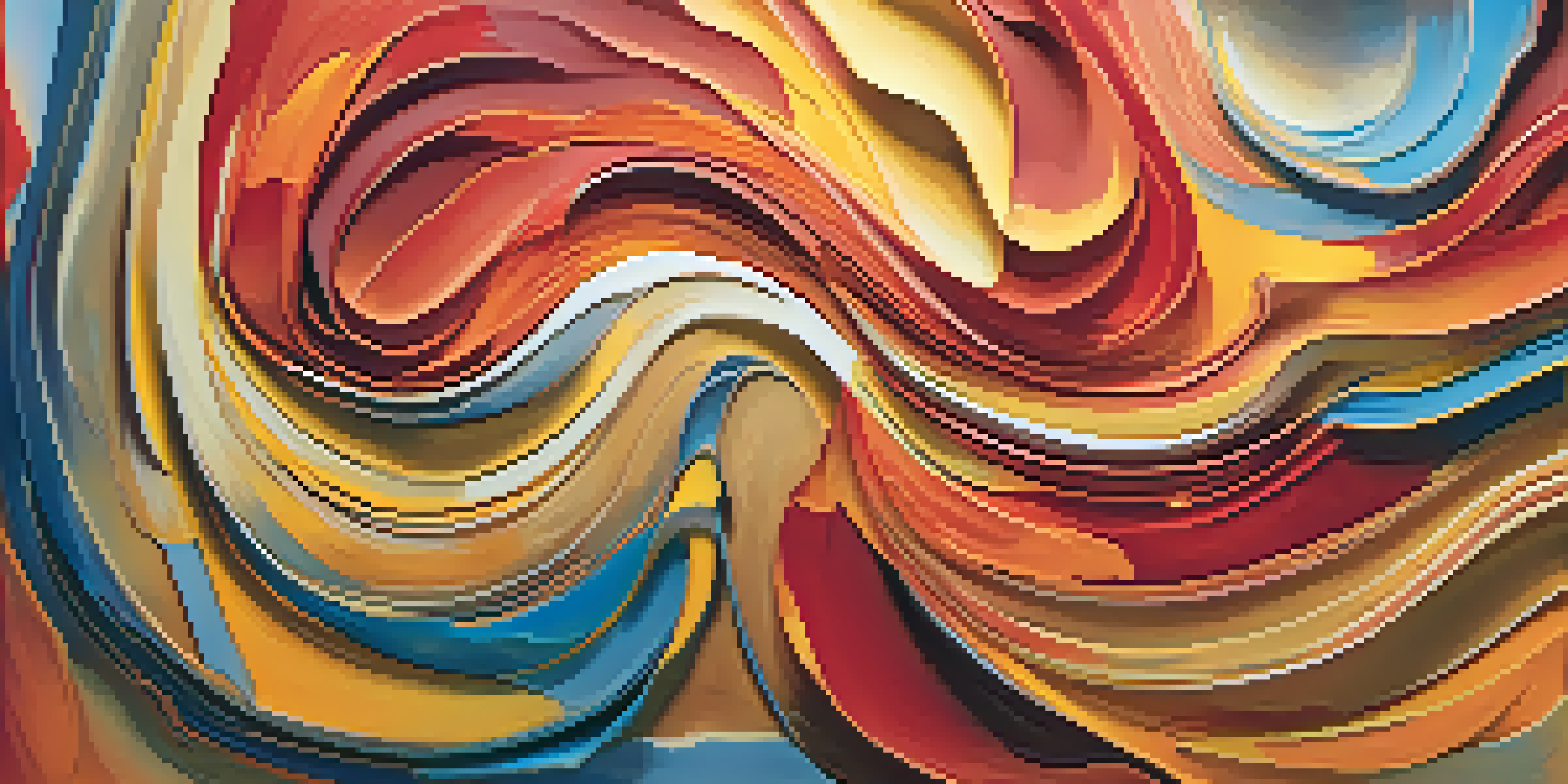An abstract painting with swirling patterns of warm reds, oranges, and yellows contrasting with cool blues, showcasing rich textures and soft lighting.