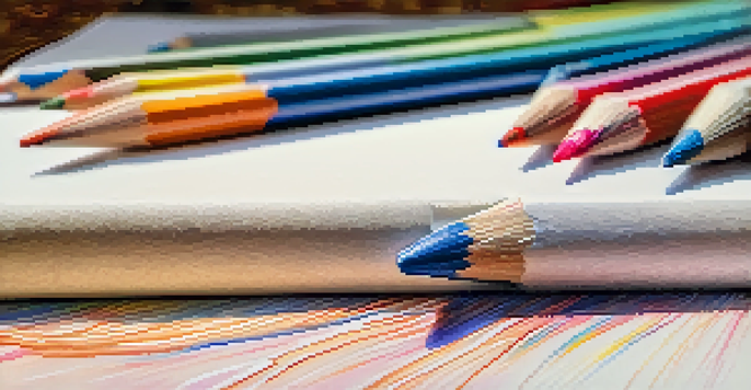 A close-up of a watercolor pencil on a textured sketchbook with vibrant colors blended around it under natural light.