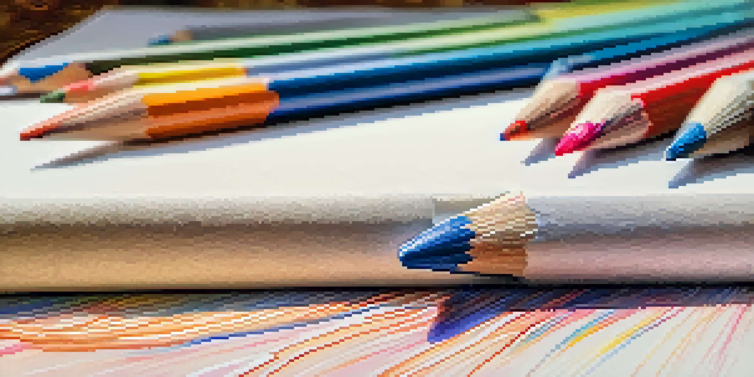 A close-up of a watercolor pencil on a textured sketchbook with vibrant colors blended around it under natural light.