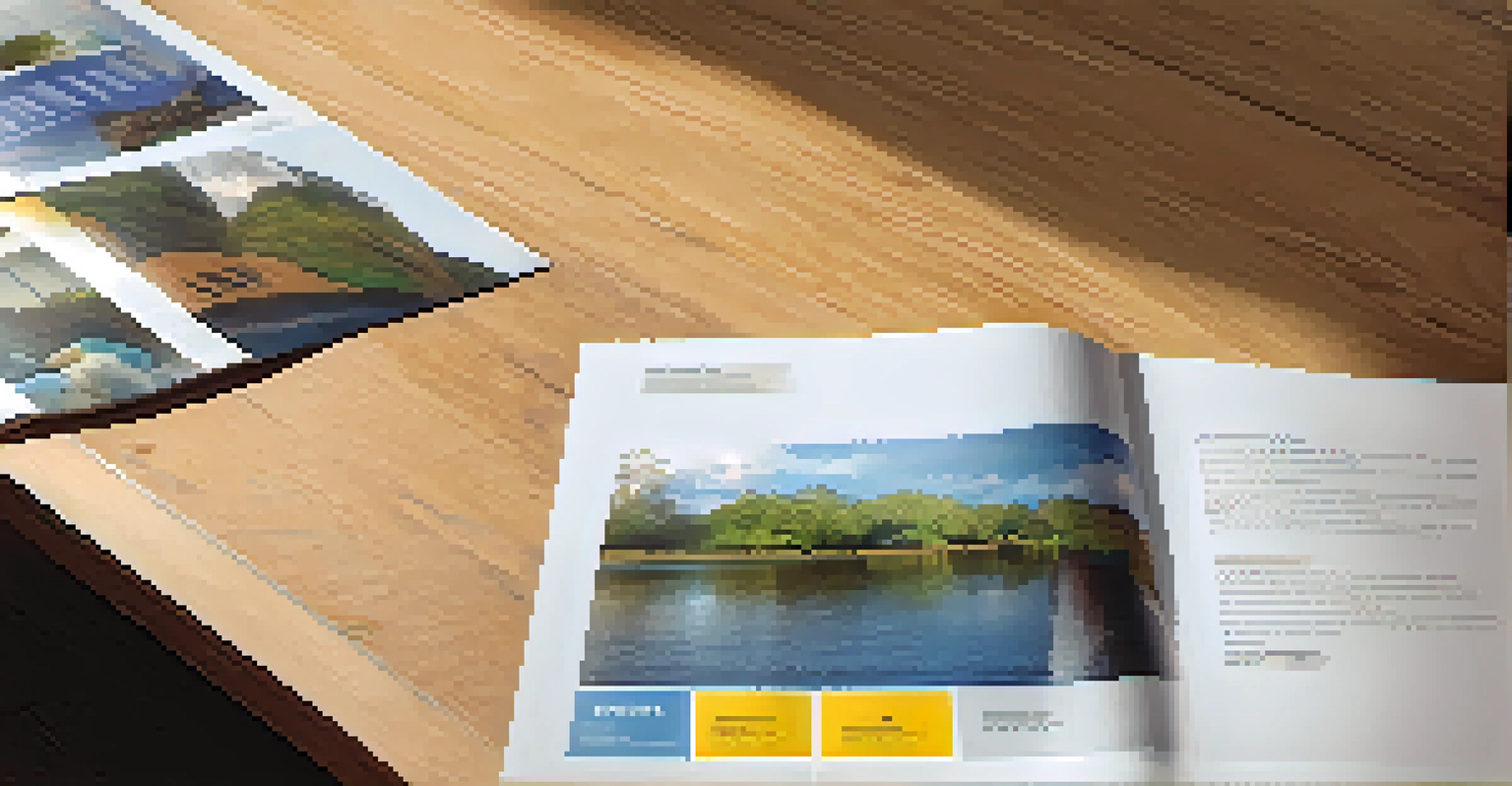 A brochure for an art exhibition displayed on a wooden table, featuring vibrant images and infographics under soft natural lighting.