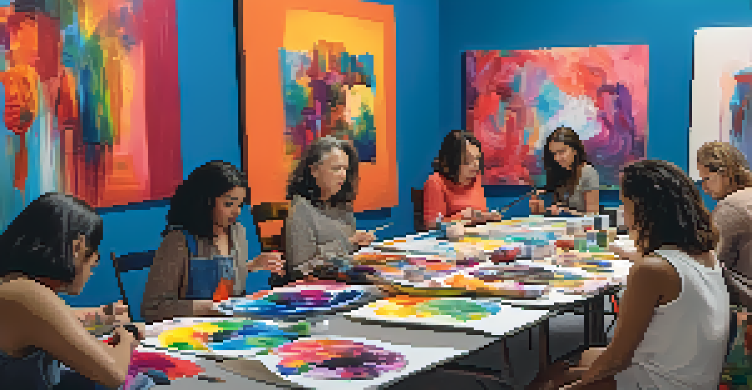 A group of individuals engaged in an art therapy session, painting on colorful canvases in a bright room.