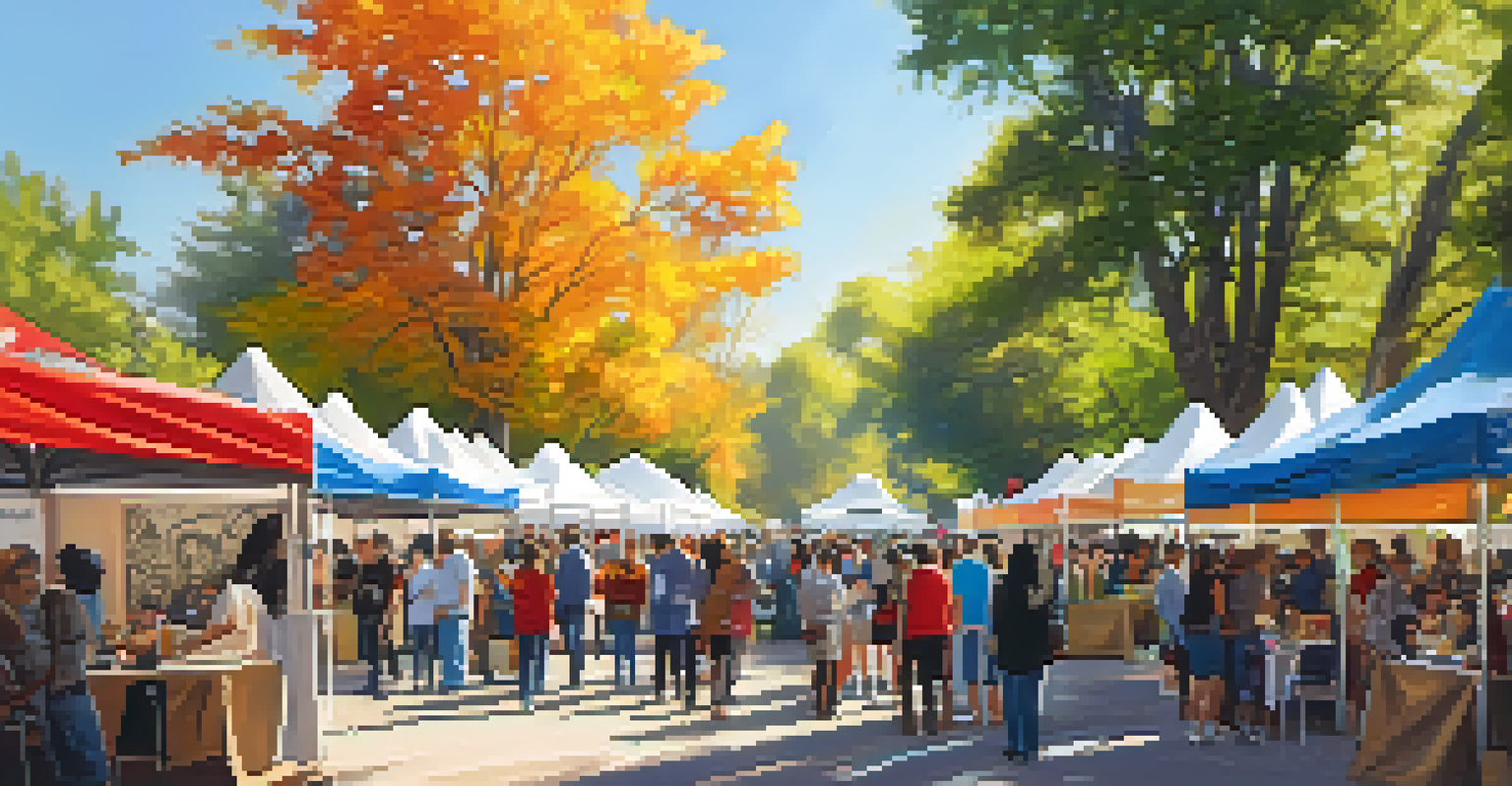 An outdoor art festival with artists showcasing culturally inspired artworks, interacting with attendees under bright decorations.