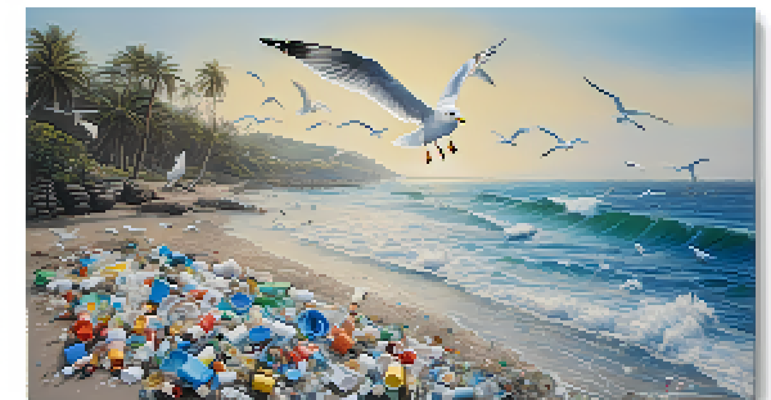 A beach with plastic pollution, showing the contrast between the ocean and the littered sand, with seagulls in the sky.