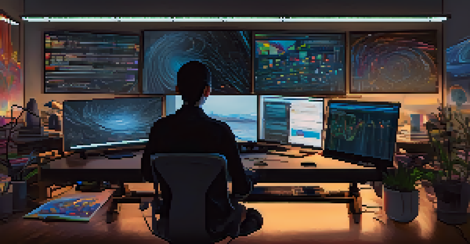 An artist working at a modern desk, surrounded by screens with code and digital art, blending traditional and digital creativity.