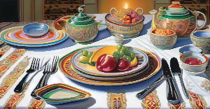 A colorful table setting with ceramic plates symbolizing women's stories.