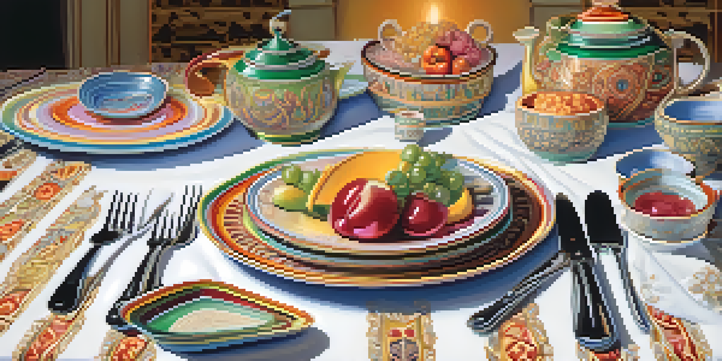 A colorful table setting with ceramic plates symbolizing women's stories.