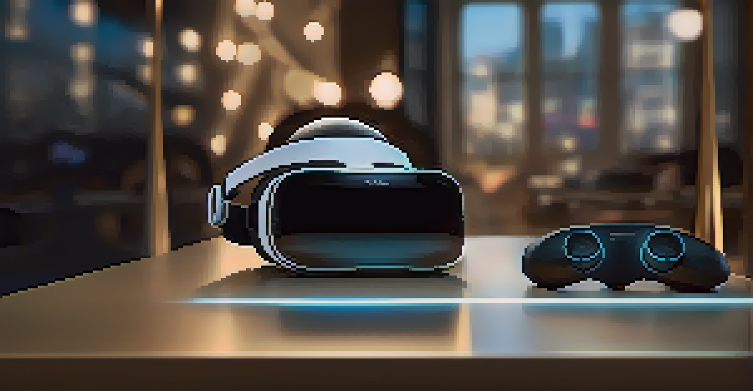 A close-up of a virtual reality headset on a table with an art installation in the blurred background.