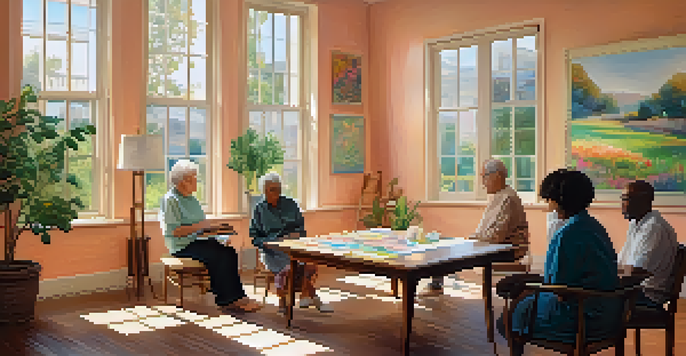 A cozy art therapy room with individuals using pastels, surrounded by colorful artworks and natural light.