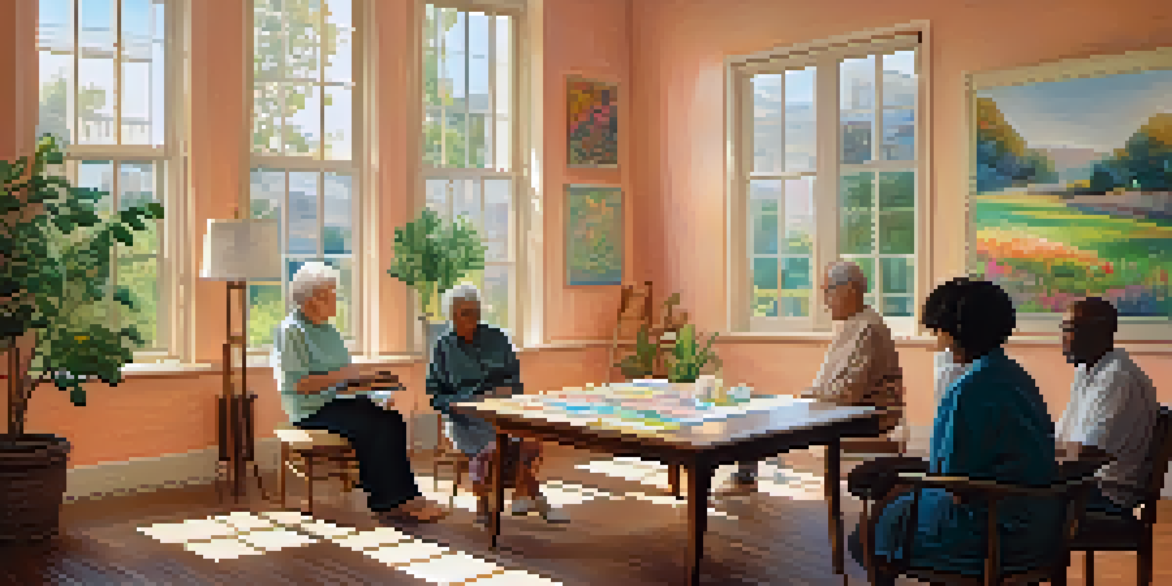 A cozy art therapy room with individuals using pastels, surrounded by colorful artworks and natural light.