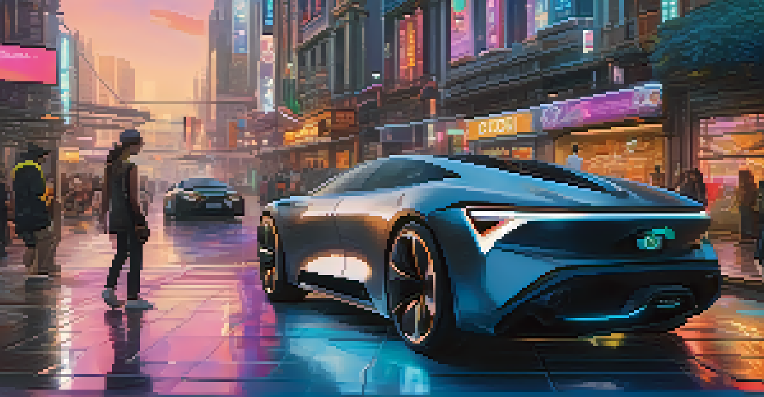 A vibrant virtual reality scene set in a futuristic city with animated figures, flying vehicles, and neon lights.
