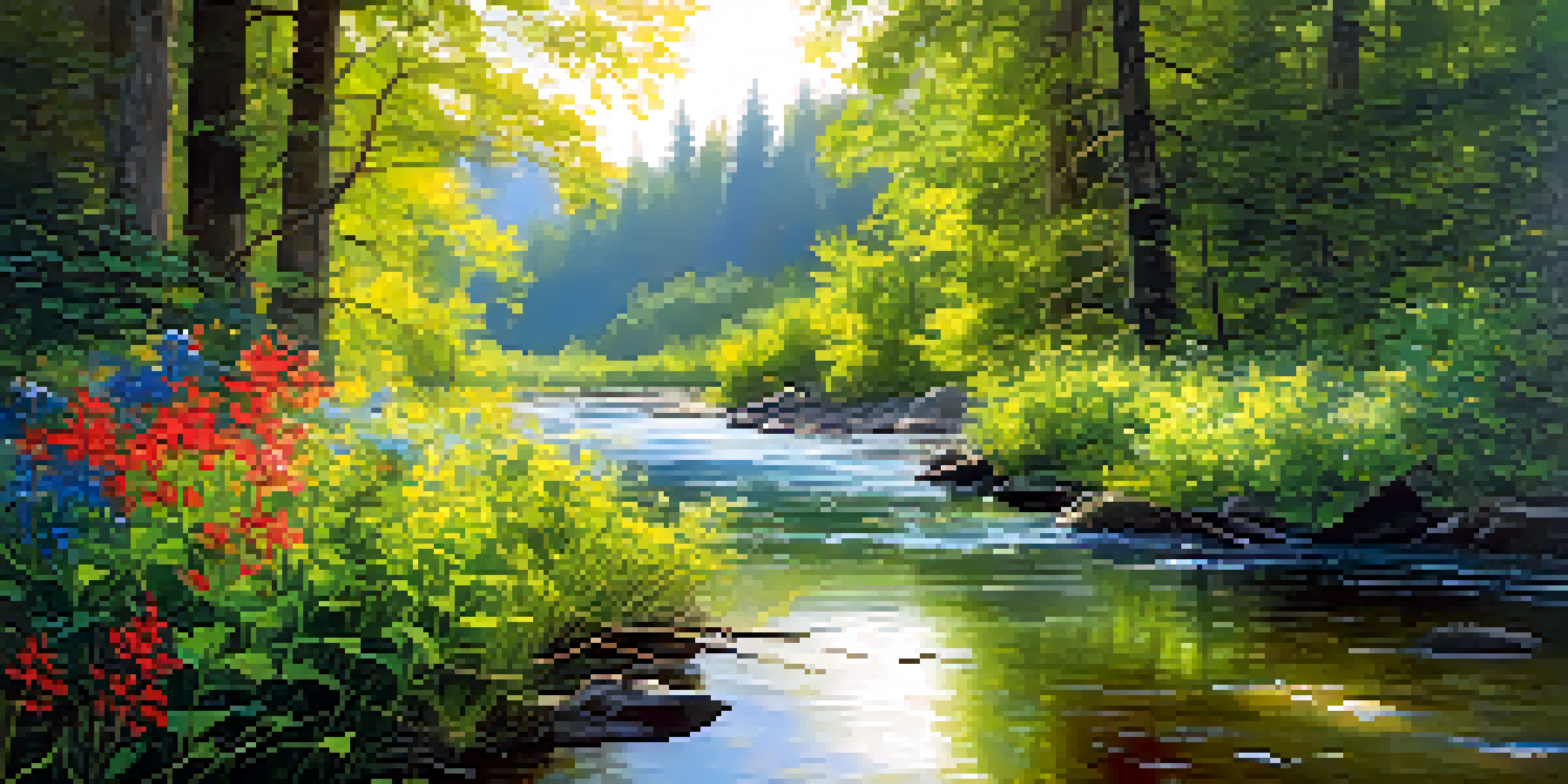 A peaceful river surrounded by a vibrant green forest and colorful wildflowers, with sunlight filtering through the trees.
