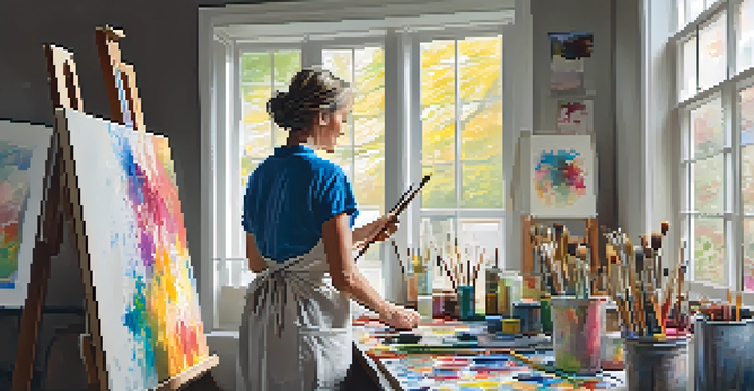An artist in a bright studio painting on a large canvas, surrounded by colorful paint and brushes, with sunlight filtering through a window.