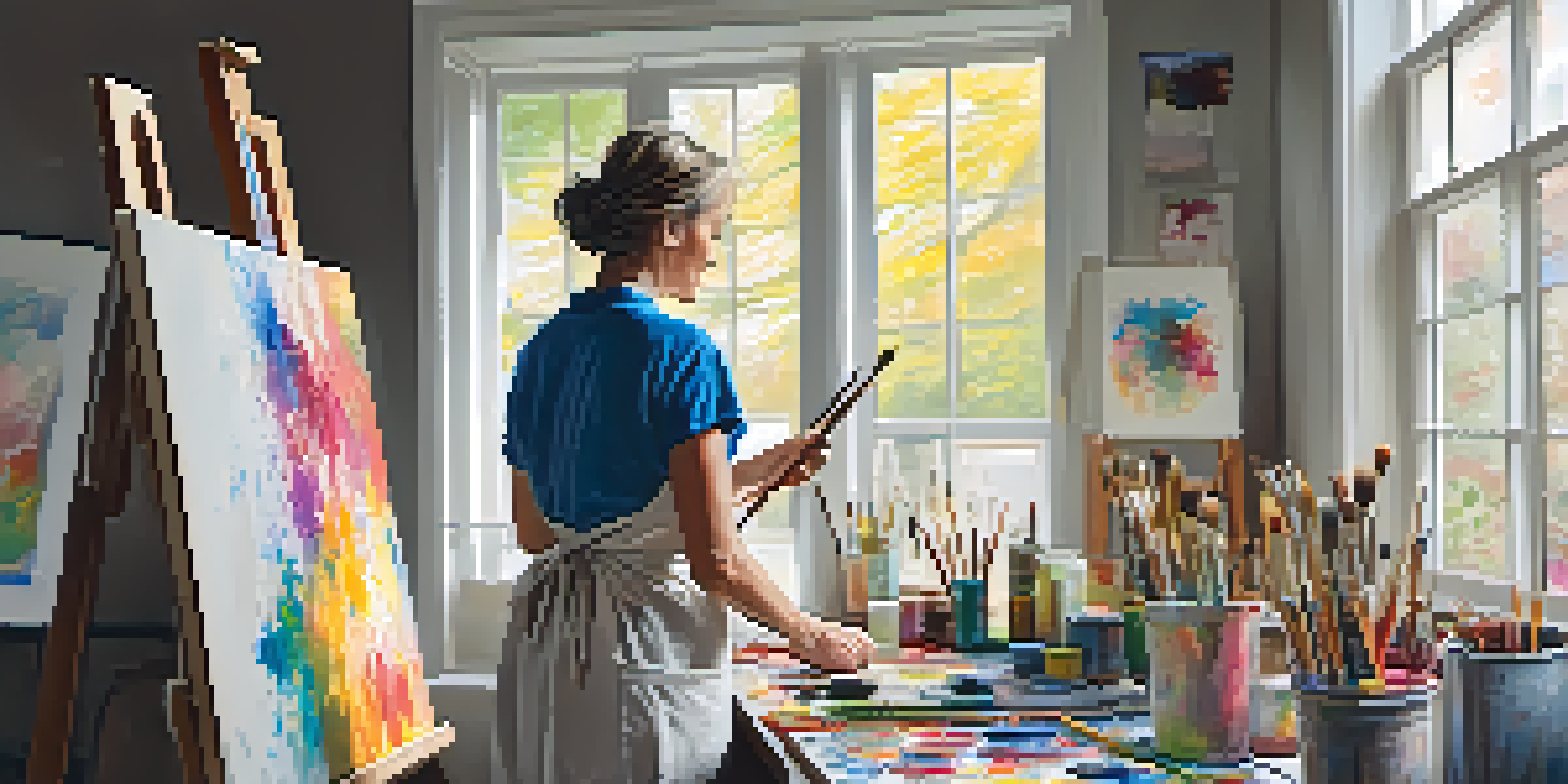 An artist in a bright studio painting on a large canvas, surrounded by colorful paint and brushes, with sunlight filtering through a window.
